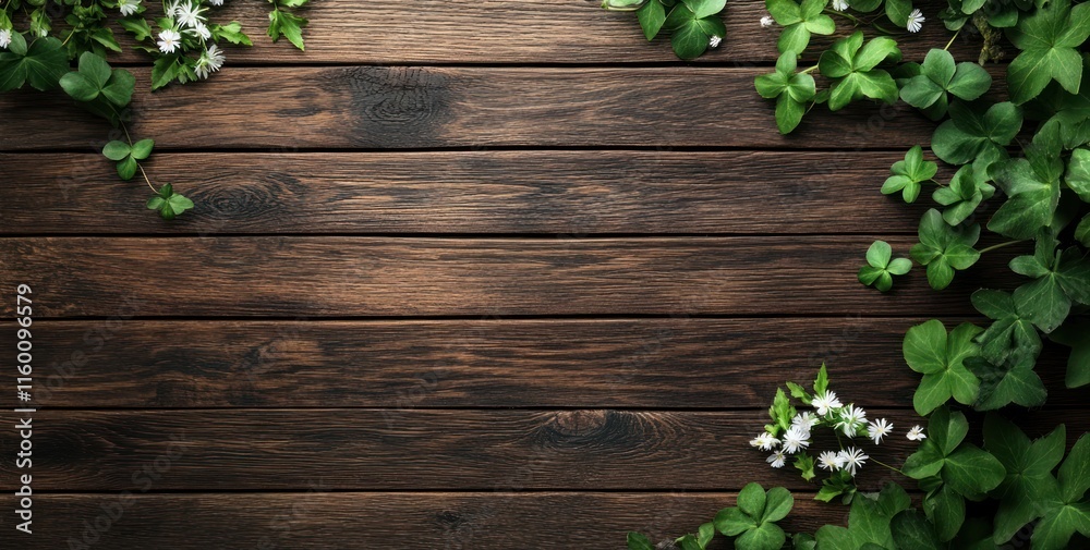 Dark wood background with green leaves and white flowers arranged as a border. Dark wood background with green leaves and white flowers arranged as a border.