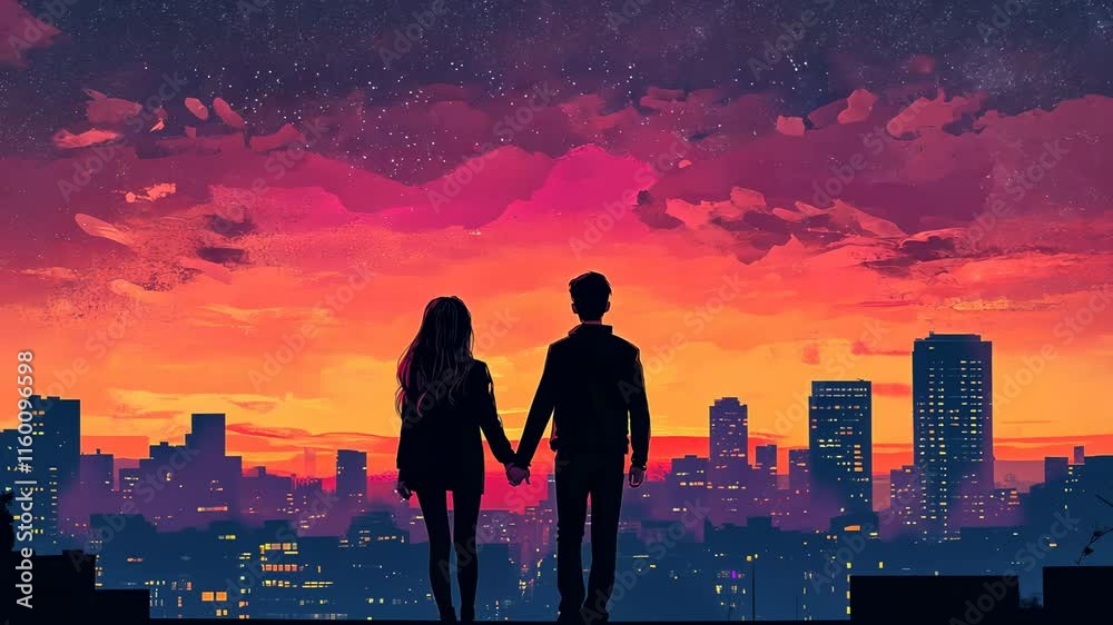 An anime couple holding hands, with city lights at night, in a digital art style illustration. The romantic scene depicts a city skyline with a beautiful sunset a