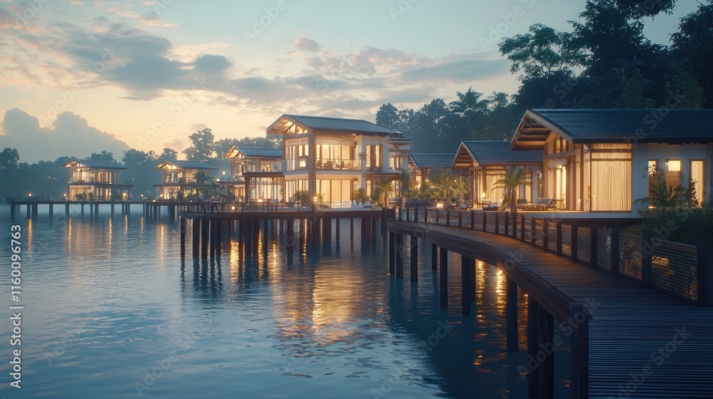 Fototapeta premium Luxurious overwater villas at sunset.