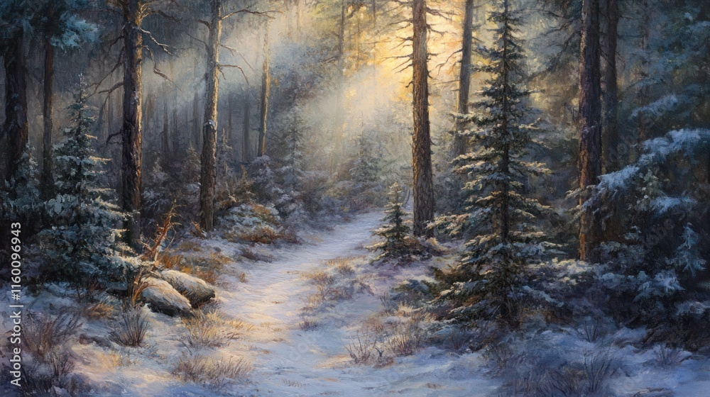 Sunlit path through a snowy winter forest. Sunlit path through a snowy winter forest.