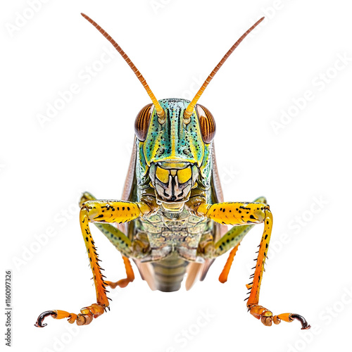 Angled view full body shot of an extremely perfect looking single Leichhardt’s Grasshopper animal isolated on a white transparent background
 photo