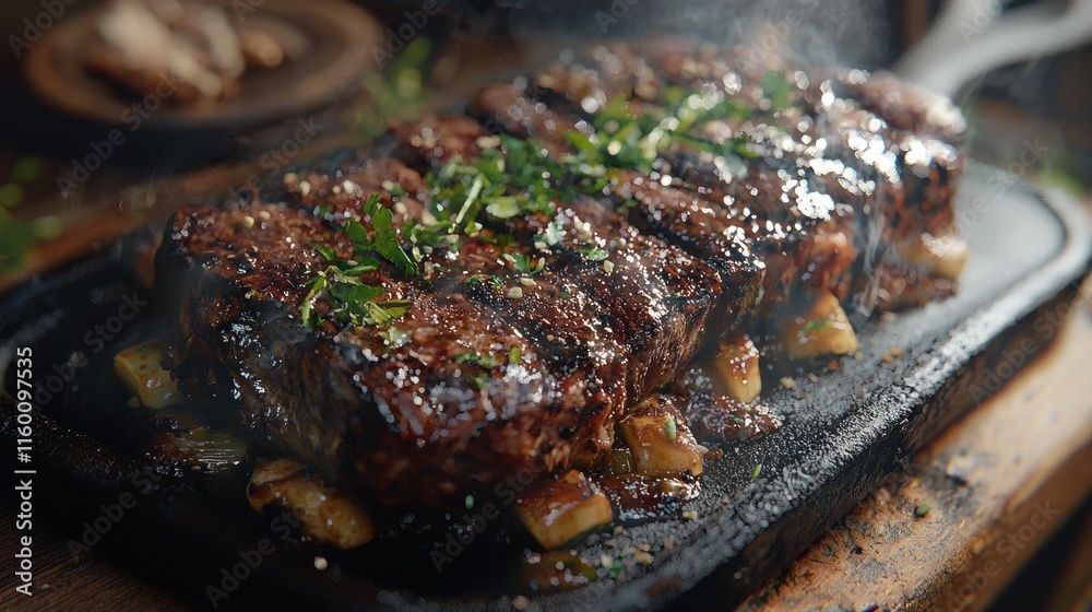 Sizzling grilled steaks with herbs and onions on a hot plate. Sizzling grilled steaks with herbs and onions on a hot plate.
