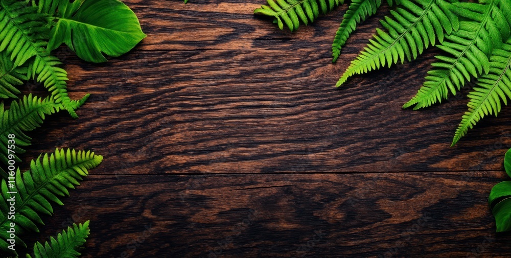 Lush green tropical leaves arranged on dark wood background, copy space. Lush green tropical leaves arranged on dark wood background, copy space.