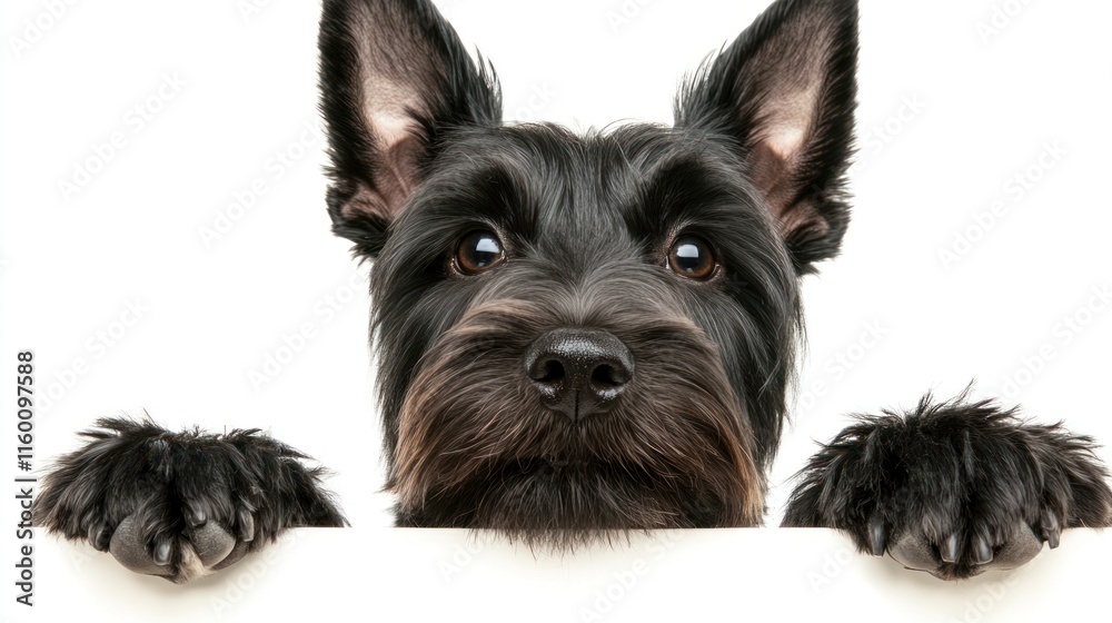 Cute black dog peeking over white background, paws visible. Cute black dog peeking over white background, paws visible.