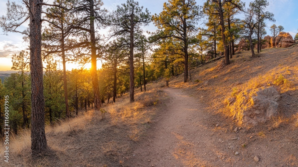 Sunset illuminates a winding trail through a pine forest on a hill. Sunset illuminates a winding trail through a pine forest on a hill.