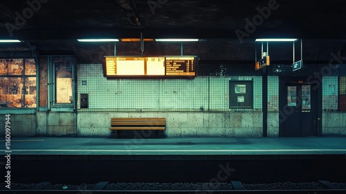 Empty Train Station Platform with Waiting Bench and Information Board photo