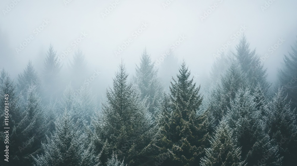 Misty evergreen forest, dense trees in fog, winter landscape. Misty evergreen forest, dense trees in fog, winter landscape.