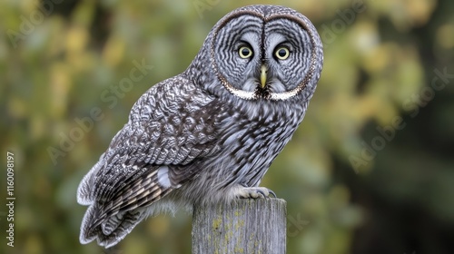 Majestic great grey owl perched on wooden post, sharp gaze, blurred autumn background. photo