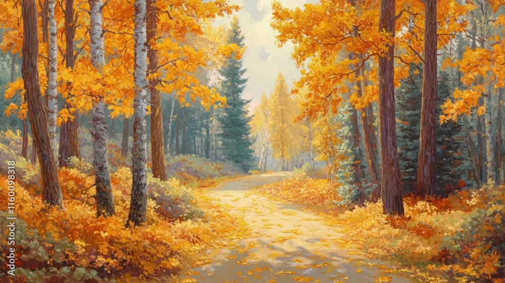 Autumnal forest path scene with golden leaves and sunlight. Autumnal forest path scene with golden leaves and sunlight.