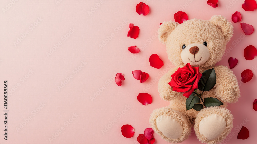teddy bear holding red rose surrounded by rose petals on pink background creates warm and loving atmosphere. Perfect for expressing affection teddy bear holding red rose surrounded by rose petals on pink background creates warm and loving atmosphere. Perfect for expressing affection