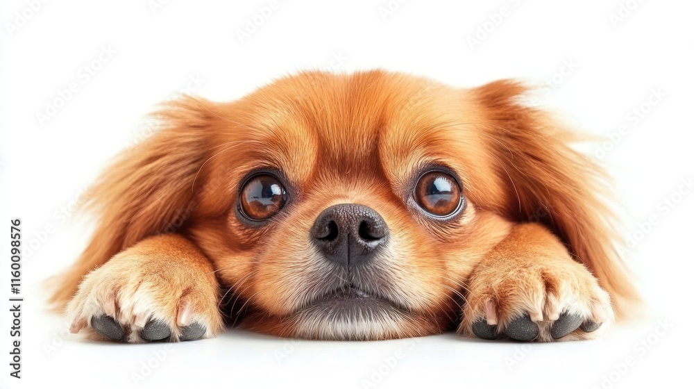 Adorable brown puppy with big eyes resting paws on white background. Adorable brown puppy with big eyes resting paws on white background.