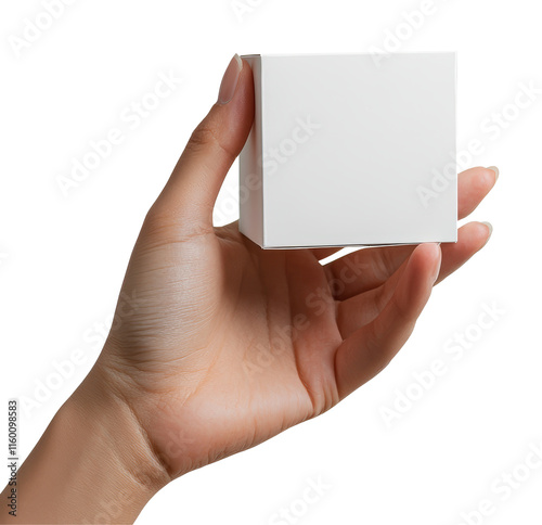 A hand holding a white box. The box is empty and has no writing on it. Concept of emptiness and simplicity