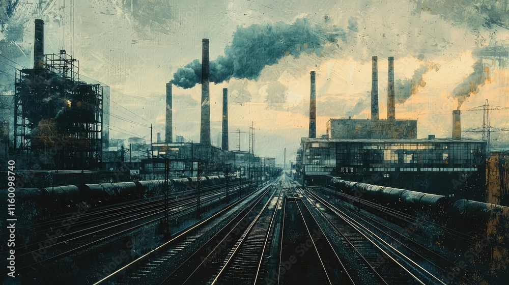 Fototapeta premium Industrial Landscape with Smoke Stacks and Train Tracks at Dusk