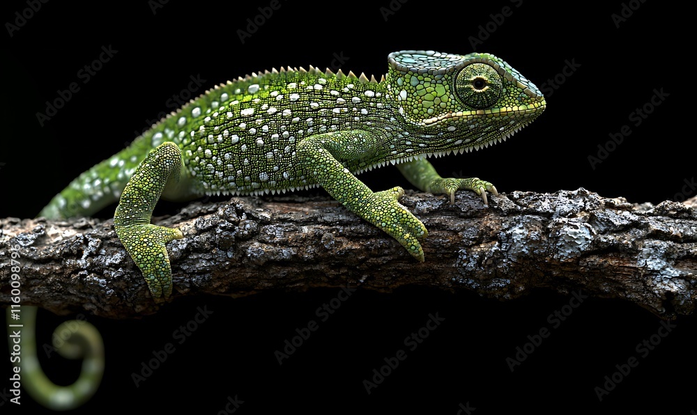 A detailed image of a green chameleon perched on a branch. A detailed image of a green chameleon perched on a branch.