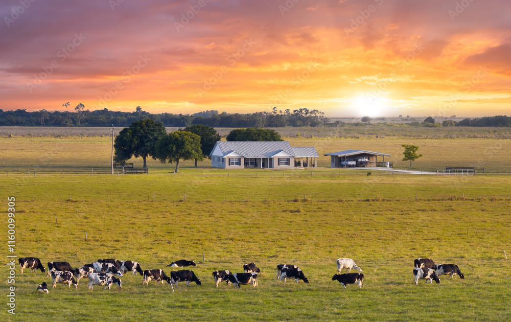 Obraz premium Herd of dairy cattle grazing in pasture field near small farmhouse. Milk cows on green farm grassland in Florida