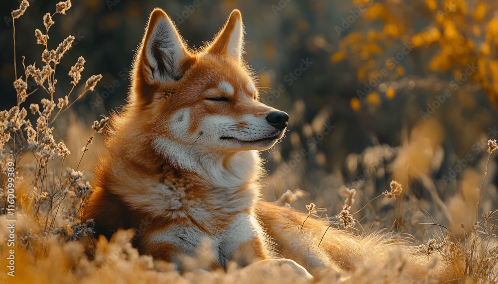 Fototapeta premium Serene Dog Resting in Nature with Soft Sunlight and Warm Colors
