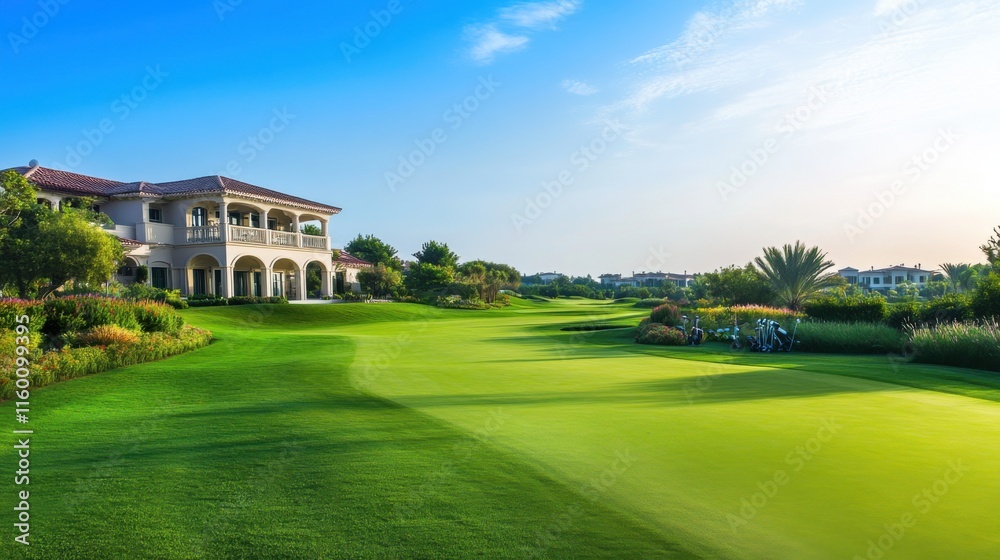 An elegant golf course with manicured fairways and scenic tee boxes, Golf clubs neatly arranged near a charming clubhouse, Sporting refinement style An elegant golf course with manicured fairways and scenic tee boxes, Golf clubs neatly arranged near a charming clubhouse, Sporting refinement style