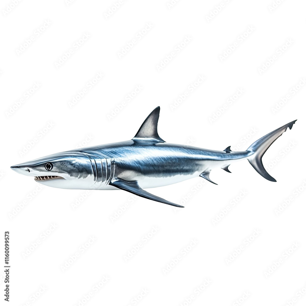 Fototapeta premium Angled view full body shot of an extremely perfect looking single Longfin Mako Shark animal isolated on a white transparent background