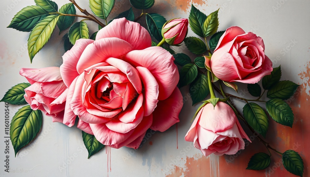 Painter’s canvas with roses painted so vividly that they appear to bloom off the surface, Some petals and leaves extend out of the canvas, creating a mix of two-dimensional art and real flowers. Painter’s canvas with roses painted so vividly that they appear to bloom off the surface, Some petals and leaves extend out of the canvas, creating a mix of two-dimensional art and real flowers.