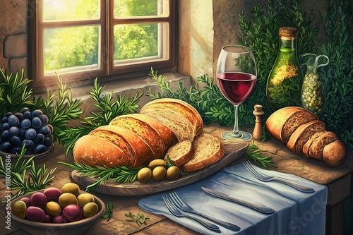 Rustic Table Setting with Fresh Bread, Wine, and Olives Against a Sunlit Window in a Cozy Home Kitchen Atmosphere for Culinary Inspiration