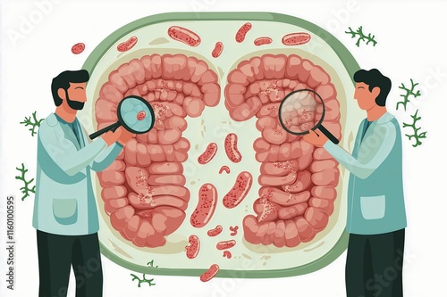 Scientific Illustration of Two Male Researchers Analyzing Bacteria and Microorganisms in a Laboratory Setting with Detailed Organ Structures