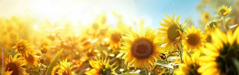 Fototapeta premium Vibrant Blooms in the Clear Blue Sky. A serene garden scene concept