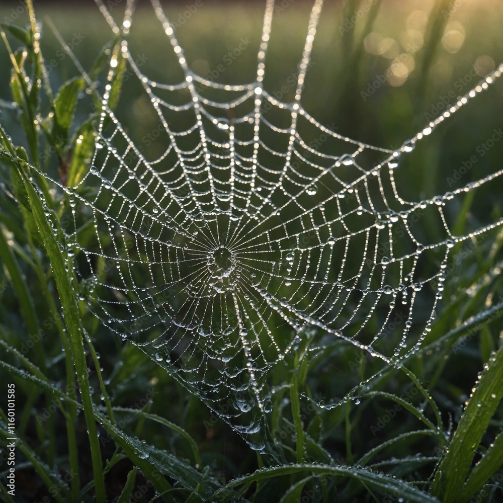 Naklejka premium A close-up of a spider’s web covered in morning dew.