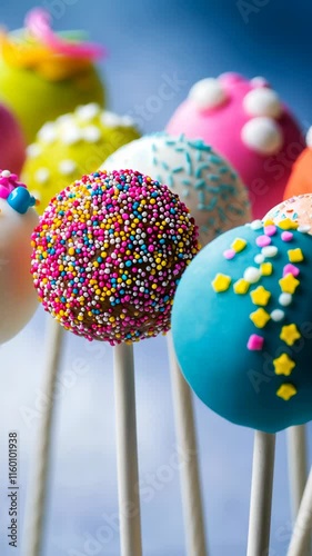 Colorful cake pops arranged on sticks showcasing vibrant decorations for a festive event