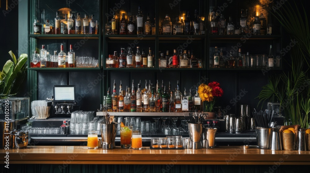 An elegantly set up cocktail mixing bar, Shakers and bottles arranged for mixology, Sophisticated lounge style
