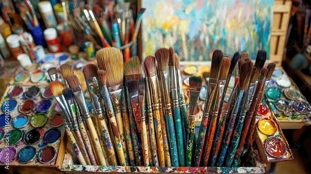 Fototapeta premium Colorful Art Supply Arrangement with Paintbrushes and Palettes