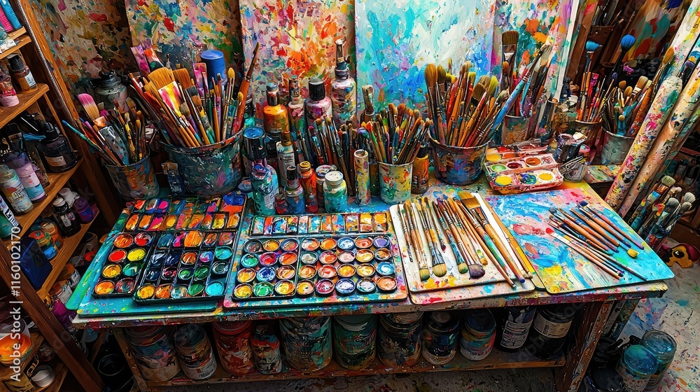 Fototapeta premium Colorful Art Studio with Paints Brushes and Vibrant Canvas Display