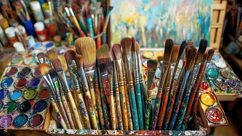 Colorful Art Supply Arrangement with Paintbrushes and Palettes