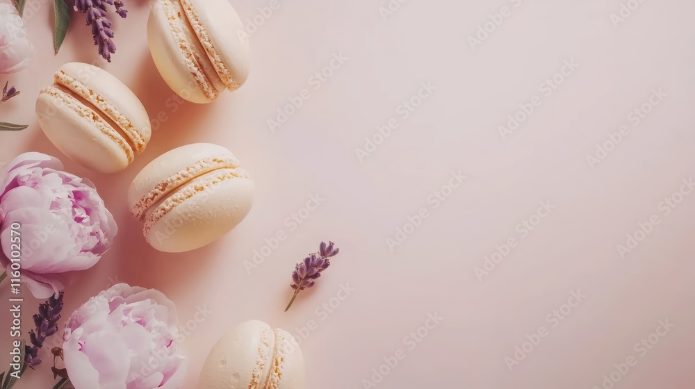 Pastel pink background with macarons, peonies, and lavender sprigs. Pastel pink background with macarons, peonies, and lavender sprigs.