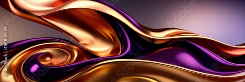 Abstract waves, liquid gold, purple velvet, smooth curves, flowing motion, metallic sheen, dynamic composition, luxurious textures, vibrant colors, swirling patterns, glossy surface, fluid art, rich c