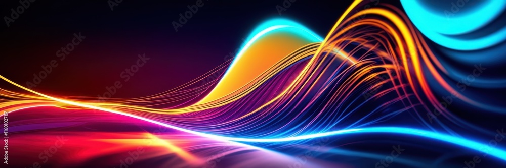 Naklejka premium Abstract waves, vibrant colors, fluid motion, energy flow, neon light trails, dynamic curves, electric blue, fiery orange, deep purple, digital art, 3D render, high contrast, glossy texture, futuristi