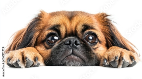 Adorable Pekingese puppy with big eyes looking over a white surface.