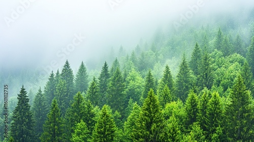 Misty mountain forest with lush green coniferous trees.