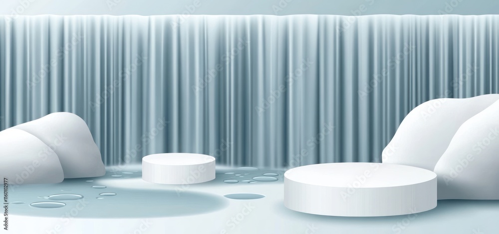 Two white cylindrical podiums against a serene waterfall backdrop. Two white cylindrical podiums against a serene waterfall backdrop.