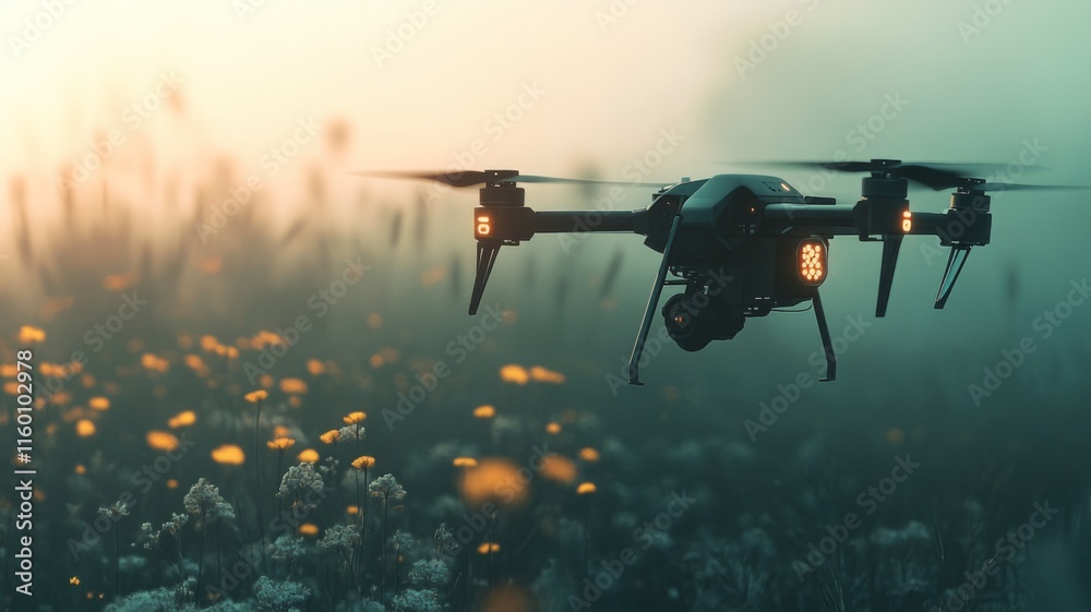Naklejka premium Drone Flying Over a Field of Flowers at Sunrise