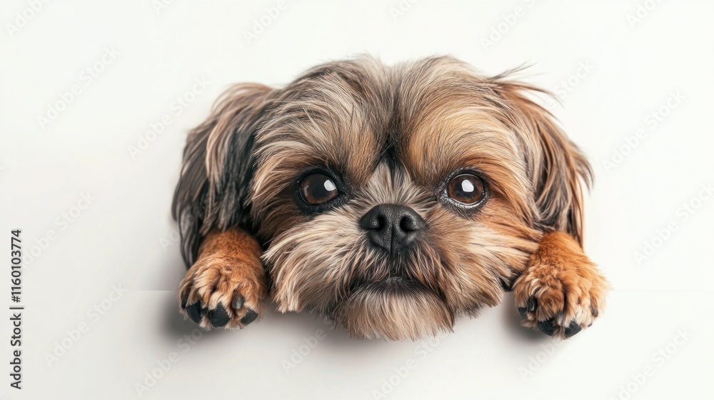 Cute small dog peeking over white background. Cute small dog peeking over white background.
