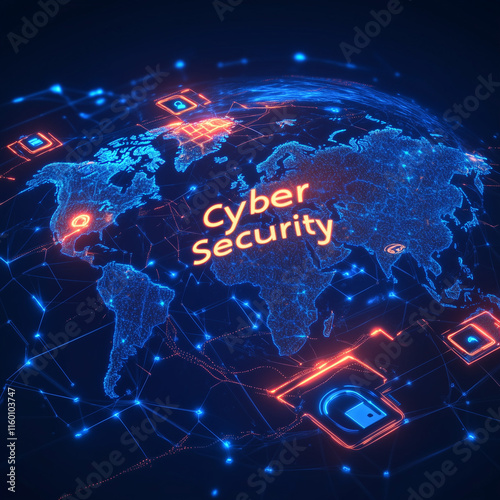 A sleek cyber protection concept featuring a digital globe surrounded by pulsating security shields, symbolizing global data privacy and encryption.