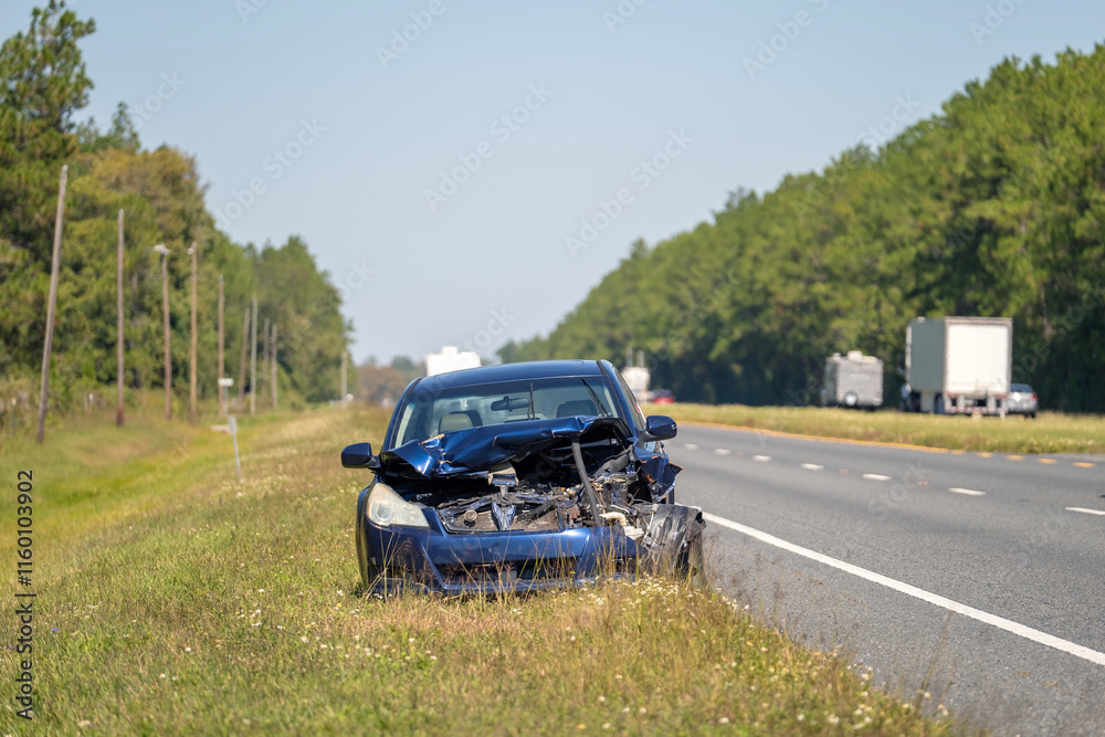 Fototapeta premium Old crashed car abandoned on highway road shoulder. Damaged in traffic accident vehicle parked on roadside