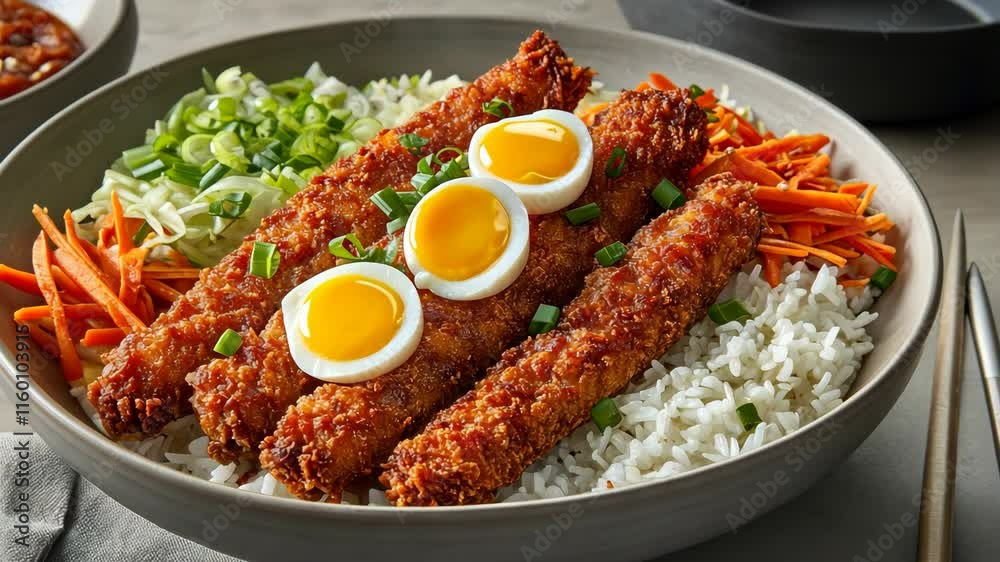 Delicious fried food platter with rice, vegetables, and soft-boiled eggs served in a modern bowl