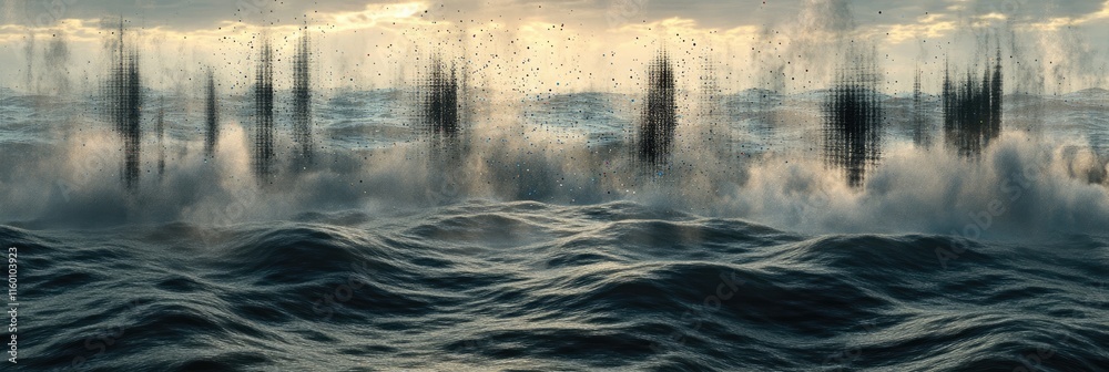 Fototapeta premium A dramatic seascape with splashes and waves under a moody sky.