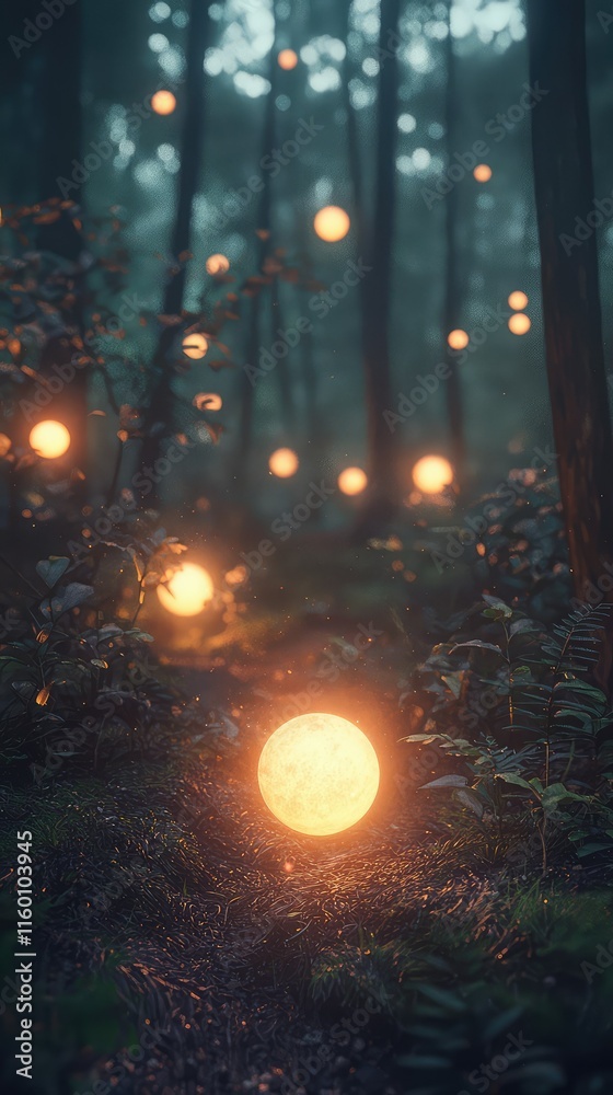 Obraz premium Enchanted Forest Path with Glowing Orbs and Mysterious Atmosphere