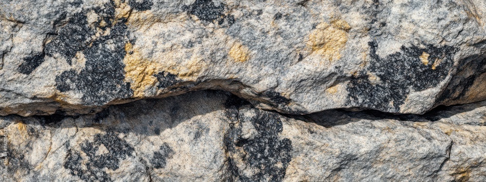 Close-up of rough, grey and yellow rock surface with black patches. Close-up of rough, grey and yellow rock surface with black patches.