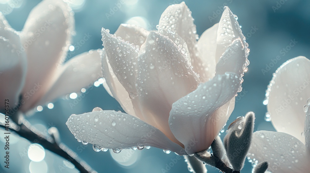 Close-up of two pristine white magnolia blossoms adorned with dew drops, set against a softly blurred teal background. Close-up of two pristine white magnolia blossoms adorned with dew drops, set against a softly blurred teal background.