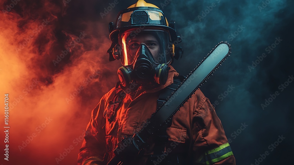 Fototapeta premium A firefighter in protective gear holds a chainsaw amidst smoke and dramatic lighting.