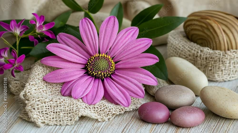 Bright pink flower with smooth stones arranged on a rustic wooden background in a serene indoor setting Bright pink flower with smooth stones arranged on a rustic wooden background in a serene indoor setting