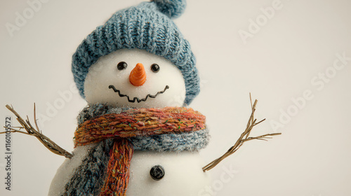 This smiling snowman, in a blue hat and scarf, with a carrot nose and coal eyes, offers a welcoming stance with twig arms, isolated on a white background for a cheerful, wintery appearance.

 photo